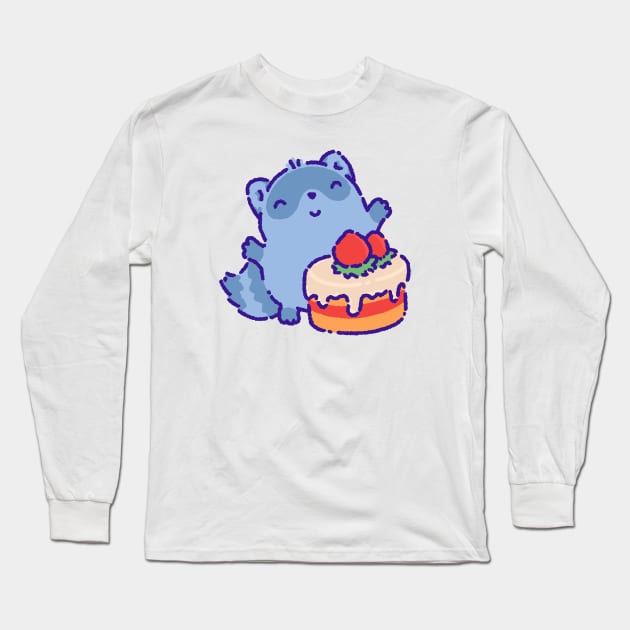 Raccoon with a strawberry cake Long Sleeve T-Shirt by Tinyarts